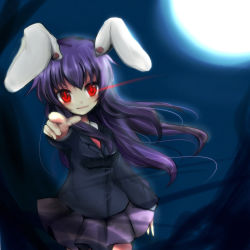 1girl animal_ears bad_id bad_pixiv_id blazer rabbit_ears business_suit female_focus formal_clothes glowing glowing_eyes jacket long_hair moon night pasutel pointing pointing_at_viewer purple_hair red_eyes reisen_udongein_inaba school_uniform skirt solo suit touhou