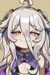 1girl ahoge bare_shoulders black_bra blush bra breasts cleavage cleavage_cutout clothing_cutout hair_between_eyes henya_the_genius long_bangs long_hair looking_at_viewer off_shoulder sakake small_breasts smile smug solo two_side_up underwear virtual_youtuber vshojo white_hair yellow_eyes