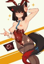 1girl absurdres ahoge animal_ears armpit_focus armpits black-framed_eyewear black_hair blue_necktie blue_ribbon braid breasts clothing_aside commentary covered_navel crossed_bangs cum cum_in_pussy cum_on_armpits cum_on_body cumdrip detached_collar double_fox_shadow_puppet earrings english_commentary fang female_pubic_hair fox_ears fox_shadow_puppet fox_tail glasses hand_up highres hololive jewelry kurokami_fubuki leotard leotard_aside looking_at_viewer medium_breasts multicolored_hair nail_polish necktie one_eye_closed pantyhose pentagram playboy_bunny presenting_armpit pubic_hair pubic_hair_peek rabbit_ears red_eyes red_hair red_leotard red_nails ribbon ring smile solo sparkle streaked_hair sweat tail torn_clothes torn_pantyhose varniskarnis virtual_youtuber wedding_ring wrist_cuffs