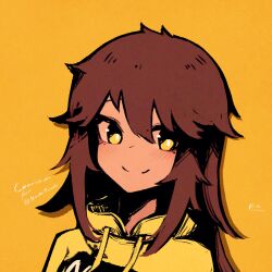 1girl absurdres bright_pupils brown_hair commentary commission commissioner_name dark-skinned_female dark_skin dated english_commentary highres hood hoodie long_hair looking_at_viewer original portrait rnna signature simple_background smile solo yellow_background yellow_eyes yellow_hoodie