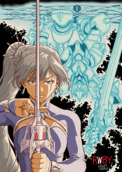 1990s_(style) absurdres armor artist_name breasts clothing_cutout dated earrings fantasy fighting_stance green_eyes grey_hair helmet highres holding holding_sword holding_weapon huge_filesize jewelry knight long_hair looking_at_viewer masutatsu_novuo medium_breasts on_one_knee retro_artstyle rwby scar scar_across_eye scar_on_face side_ponytail sword upper_body upside-down weapon weiss_schnee