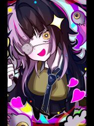 1girl alternate_costume black_hair black_jacket black_skirt blue_necktie eyeball eyepatch green_sweater grey_hair heart heart-shaped_pupils highres hololive hololive_english jacket kikkasoon monitoring_(vocaloid) multicolored_hair necktie open_mouth shiori_novella skirt solo split-color_hair sweater symbol-shaped_pupils virtual_youtuber yellow_eyes