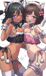 2girls ;) ;d animal_ears asymmetrical_docking bikini blush breast_press breasts cat_ears cat_tail cleavage dark-skinned_female dark_skin fang frilled_bikini frills highleg highleg_bikini highres idolmaster idolmaster_cinderella_girls kemonomimi_mode looking_at_viewer maekawa_miku maid_headdress medium_breasts multiple_girls natalia_(idolmaster) navel nyan one_eye_closed open_mouth paw_print pom_pom_(clothes) simple_background smile stomach swimsuit tail thigh_strap thighhighs trente twitter_username white_background white_thighhighs wrist_cuffs