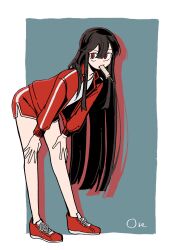 1girl alternate_costume artist_name black_hair blue_background fate/grand_order fate_(series) goma1021 hair_between_eyes hands_on_own_thighs highres jacket leaning_forward long_hair long_sleeves looking_at_viewer oda_nobunaga_(fate) oda_nobunaga_(koha-ace) open_clothes red_eyes red_jacket red_shoes red_shorts shirt shoes shorts simple_background solo track_jacket two-tone_background very_long_hair white_background white_shirt