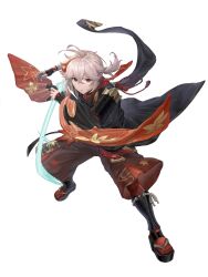 Rule 34 | 1boy, armor, bandaged hand, bandages, energy sword, genshin impact, grey hair, guru (pixiv67197772), highres, japanese armor, japanese clothes, kaedehara kazuha, katana, leg armor, multicolored hair, ponytail, red eyes, red hair, red socks, sandals, short ponytail, shoulder armor, simple background, socks, solo, streaked hair, sword, two-tone hair, weapon, white background