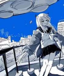 1girl :d absurdres backlighting bare_legs blue_theme blush car cardigan cardigan_partially_removed city cityscape collarbone copyright_name feet_out_of_frame floating floating_hair floating_object greyscale half-closed_eyes highres horns isei_ni_ikou_ne_(cevio) leaning_back long_hair long_sleeves looking_at_another monochrome motor_vehicle neckerchief open_cardigan open_clothes open_mouth outstretched_arms pleated_skirt railing sailor_collar school_uniform serafuku skirt smile solid_eyes solo song_name spot_color spread_arms tentacle_hands ufo yanfei_u
