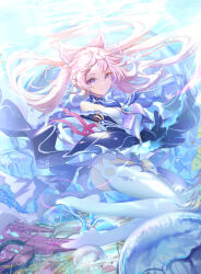 1girl bare_shoulders bow bow-shaped_hair breasts closed_mouth covering_crotch covering_privates fish genshin_impact gloves hd-hlh-3h highres horns hydro_symbol_(genshin_impact) japanese_clothes jellyfish long_hair long_sleeves looking_at_viewer medium_breasts nontraditional_miko pantyhose pink_hair purple_eyes sangonomiya_kokomi smile solo thighhighs underwater vision_(genshin_impact) water white_gloves white_pantyhose white_thighhighs wide_sleeves
