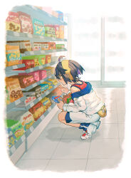 1boy black_hair border closed_mouth convenience_store food from_side hair_between_eyes highres holding holding_food indoors jacket kieran_(pokemon) long_sleeves male_focus meno_oku mole mole_on_neck nintendo off_shoulder pokemon pokemon_sv profile purple_hair red_tank_top shoes shop shorts snack socks solo squatting tank_top white_border white_jacket white_shoes white_shorts