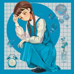 1girl alarm_clock analog_clock black_shoes blue_border blue_flower blue_skirt blue_theme blue_vest border braid brown_eyes brown_hair bubble clock commission flower grid_background highres long_sleeves nasumo5 original outside_border playing_with_own_hair shirt shoes skeb_commission skirt skirt_set solo squatting twin_braids vase vest white_shirt