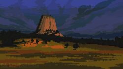 cloud commentary field foliage grass hashtag-only_commentary highres landscape mountain mountain_focus nature no_humans original outdoors pixel_art plateau scenery sky theartistjulian tree
