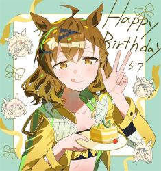 Rule 34 | 5girls, :d, agnes tachyon (umamusume), ahoge, animal ears, birthday cake, brown hair, cake, chibi, dantsu flame (umamusume), dated, food, fuji kiseki (umamusume), hair between eyes, hair ornament, hairclip, happy birthday, hashtag-only commentary, head only, highres, holding, holding plate, horse ears, horse girl, horseshoe ornament, jacket, jungle pocket (umamusume), long sleeves, manhattan cafe (umamusume), multiple girls, nmnm2332chan, notched ear, open mouth, plate, smile, solo focus, umamusume, upper body, v, wavy hair, yellow eyes, yellow jacket