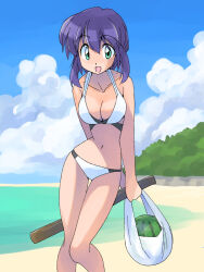 1girl bag beach bikini black_bikini breasts cleavage cloud cloudy_sky commentary food fruit green_eyes holding holding_bag holding_stick looking_at_viewer masuki multicolored_bikini navel open_mouth original outdoors purple_hair sky solo standing stick suikawari swimsuit two-tone_bikini water watermelon white_bikini