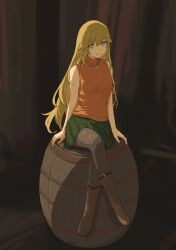 Rule 34 | 1girl, absurdres, ashley graham, ashley graham (cosplay), barrel, black pantyhose, blonde hair, boots, brown boots, closed mouth, commission, cosplay, crossed legs, full body, green skirt, highres, jewelry, knee boots, long hair, looking at viewer, necklace, on barrel, pantyhose, resident evil, resident evil 4, shokuhou misaki, skirt, sleeveless, sleeveless sweater, sleeveless turtleneck, smile, solo, star-shaped pupils, star (symbol), sweater, symbol-shaped pupils, tatararashi, toaru kagaku no railgun, toaru majutsu no index, turtleneck, turtleneck sweater, very long hair, yellow eyes