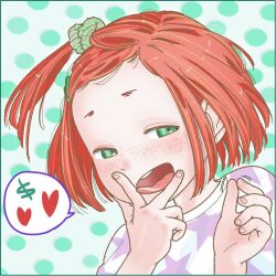 1girl animated artist_request blush border freckles green_eyes hair_ornament hair_scrunchie heart loli looking_at_viewer one_side_up open_mouth orange_hair original polka_dot polka_dot_background scrunchie shirt short_hair solo speech_bubble spoken_heart striped_clothes striped_shirt tagme tongue tongue_out video