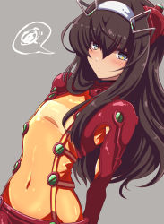 1boy blue_eyes bodysuit brown_hair cosplay covered_navel crossdressing embarrassed fujitaka_nasu highres ikari_shinji ikari_shinji_raising_project long_hair male_focus mecha_pilot_suit multicolored_bodysuit neon_genesis_evangelion orange_bodysuit plugsuit_(evangelion) red_bodysuit shiny_clothes skin_tight solo souryuu_asuka_langley souryuu_asuka_langley_(cosplay) test_plugsuit_(evangelion)