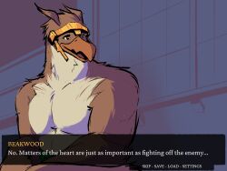 1boy bara beak beakwood beast_warriors_gulkeeva bird_boy blue_background character_name commentary daggerprometheus english_commentary english_text furry furry_male highres male_focus muscular muscular_male open_mouth pectorals topless_male visual_novel