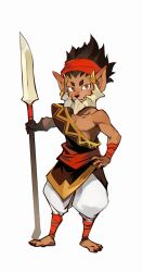 1boy afk_(series) afk_arena barefoot claws closed_mouth commentary_request full_body furry furry_male hand_on_own_hip highres holding holding_polearm holding_weapon male_focus muscular muscular_male okn_369 pointy_ears polearm skreg_(afk) smile weapon