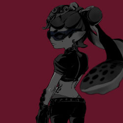 1girl arm_at_side belt black_gloves black_hair black_shirt black_shorts bow bow-shaped_hair butt_crack callie_(octo_idol_outfit)_(splatoon) callie_(splatoon) collar cowlick crop_top earrings eye_mask eyelashes eyes_visible_through_eyewear fish_(food) food food_on_head from_behind gloves gradient_hair greyscale_with_colored_background hat holding_own_arm hypnoshades_(splatoon) jewelry kogecha_(kogecha19) leaf long_hair long_pointy_ears looking_back mole mole_under_eye multicolored_hair nintendo object_on_head octopus_hair_ornament octopus_sashimi octopus_sausage_earrings octopus_tattoo official_alternate_costume pointy_ears puffy_short_sleeves puffy_sleeves red_background sashimi serious shirt shiso_leaf short_eyebrows short_shorts short_sleeves shorts simple_background solo spiked_collar spiked_waistband spikes splatoon_(series) splatoon_2 spotted_hair star-shaped_pupils star_(symbol) stomach_tattoo studded_belt studded_collar suction_cups sunglasses swept_bangs symbol-shaped_pupils tattoo tentacle_hair thick_eyebrows twintails underwear very_long_hair