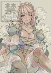 1girl blonde_hair blue_eyes blush breasts cleavage cowboy_shot large_breasts long_hair looking_at_viewer missing_commentary muted_color namco rosie_rosie simple_background sitting smile solo sophitia_alexandra soul_calibur soulcalibur soulcalibur_vi twitter_username watermark