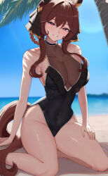 Rule 34 | 1girl, absurdres, animal ears, black one-piece swimsuit, blue sky, breasts, brown hair, day, gentildonna (umamusume), highres, horse ears, horse girl, horse tail, large breasts, looking at viewer, ocean, one-piece swimsuit, outdoors, red eyes, sitting, sky, smile, solo, swimsuit, tail, take978733141, thighs, umamusume