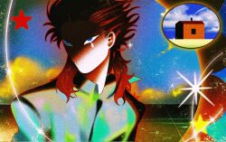 1boy abstract_background black_border black_hair blue_eyes blue_sky border cloud collared_shirt faux_retro_artstyle film_grain glowing gradient_background grass green_shirt highres house inset_border male_focus mullet multicolored_hair no_mouth original red_hair shirt sky sparkle star_(symbol) surreal teardrop teardrop_facial_mark umisida upper_body