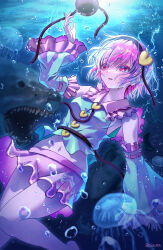 Rule 34 | 1girl, air bubble, animal, arm up, black hairband, blue shirt, blue sleeves, breasts, bubble, buttons, commentary request, contrast collar, detached sleeves, feet out of frame, frilled shirt collar, frilled sleeves, frills, hair between eyes, hairband, heart, heart button, highres, jellyfish, komeiji satori, long sleeves, medium breasts, midriff peek, miniskirt, navel, parted lips, pink hair, pink skirt, red eyes, ribbon-trimmed sleeves, ribbon trim, rouge (my rouge), shark, shirt, short hair, sideboob, skirt, sleeveless, sleeveless shirt, solo, third eye, touhou, twitter username, underwater, wide sleeves