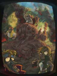 Rule 34 | 2boys, 2girls, asymmetrical eyes, bandana, baseball cap, blonde hair, captionpanic, cigarette, commentary, english commentary, fio germi, glasses, green bandana, hat, highres, kasamoto eri, marco rossi, metal slug, multiple boys, multiple girls, ponytail, smoke, sunglasses, sv001 (metal slug), tarma roving