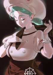 1girl 987645321o absurdres apron aqua_hair black_background black_neckerchief blush breasts brown_apron brown_skirt buttons chef_hat closed_eyes closed_mouth colored_eyelashes commentary creatures_(company) double-breasted dressing from_side game_freak gloves green_hair hands_up hat highres katy_(pokemon) korean_commentary large_breasts light_particles lipstick makeup mole mole_on_cheek muffin_top neckerchief nintendo pokemon pokemon_sv puffy_short_sleeves puffy_sleeves shirt short_sleeves side_ponytail silk skirt smile solo spider_web tying underwear updo waist_apron white_shirt