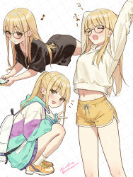 1girl backpack bag bare_legs black_shirt blush closed_eyes closed_mouth commentary_request dolphin_shorts fujita_kotone gakuen_idolmaster glasses grid_background highres hoshinopurin idolmaster looking_at_viewer lying multiple_views musical_note navel on_stomach open_mouth oversized_clothes oversized_shirt shirt shorts simple_background squatting squeans stretching sweater t-shirt text_messaging twitter_username v variations white_sweater yawning yellow_shorts