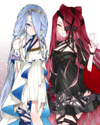 2girls bare_shoulders black_dress blue_eyes blue_hair blue_ribbon bow braid breasts choker dress dual_persona fate/grand_order fate_(series) hair_between_eyes hair_over_one_eye hairband hazuki-a highres long_hair long_sleeves looking_at_viewer multiple_girls red_hair ribbon small_breasts smile thigh_strap thighs typhon_ephemeros_(fate) very_long_hair white_dress wide_sleeves yellow_eyes
