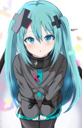 1girl absurdres aqua_eyes aqua_hair batsu_miku black_pantyhose black_skirt blush commentary grey_jacket hair_between_eyes hair_ornament hatsune_miku highres hnaoha jacket kowareta_sekai_to_utaenai_miku long_hair long_sleeves looking_at_viewer miniskirt official_alternate_costume official_alternate_hairstyle open_mouth pantyhose project_sekai skirt solo turtleneck turtleneck_jacket twintails very_long_hair vocaloid wide_sleeves x_hair_ornament