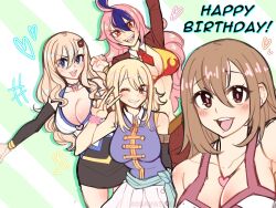 4girls bikini bikini_top_only blonde_hair blue_eyes breasts brown_hair cleavage collarbone dead_rock eden&#039;s_zero elie fairy_tail freyr_(dead_rock) jewelry large_breasts long_hair looking_at_viewer lucy_heartfilia multicolored_hair multiple_girls necklace one_eye_closed pink_hair rave_(manga) rebecca_bluegarden smile swimsuit two-tone_hair