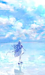 1girl absurdres blue_hair blue_shoes blue_sky cloud commentary_request detached_sleeves dress facing_away full_body halo head_wings high_heels highres honkai:_star_rail honkai_(series) long_hair luta_(luta_1013) outdoors pantyhose robin_(honkai:_star_rail) shadow shirt shoes sky solo walking walking_on_liquid water white_dress white_pantyhose white_shirt wings