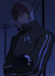 Rule 34 | 1boy, :/, afraid of monsters, arms around waist, bags under eyes, black eyes, black gloves, black hoodie, brown hair, david leatherhoff, fingerless gloves, gloves, hair over one eye, highres, hood, hood up, hoodie, looking at viewer, male focus, n0elleblanc, night, outdoors, power lines, print hoodie, solo, upper body