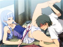 1boy 1girl against_wall ankle_grab arm_support armpits bare_shoulders barefoot black_hair blue_hair blush cameltoe clothes_lift collarbone embarrassed artistic_error flat_chest hair_tubes hairband kannagi leg_lift legs loli long_hair lowleg lowleg_panties lying mikuriya_jin nagi on_back on_side open_mouth painpa panties pleated_skirt purple_eyes skirt skirt_lift spread_legs star_(symbol) sweat tears underwear upskirt wand wet wet_clothes wet_panties white_skirt