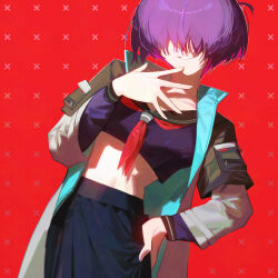 1girl black_skirt breasts coat cowboy_shot crop_top facing_viewer grin hair_over_eyes hand_on_own_hip hand_up highres long_sleeves mara_(raneblu) midriff neckerchief open_clothes open_coat original purple_hair purple_shirt raneblu red_background red_neckerchief sailor_collar school_uniform shirt short_hair skirt small_breasts smile solo upper_body