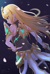 1girl arm_at_side back bare_shoulders black_pantyhose blonde_hair dress earrings elbow_gloves floating_earring gloves hand_on_own_hip jewelry long_hair miasuke microdress mythra_(massive_melee)_(xenoblade) mythra_(xenoblade) neon_trim pantyhose solo swept_bangs thigh_strap tiara very_long_hair white_dress white_gloves xenoblade_chronicles_(series) xenoblade_chronicles_2 yellow_eyes