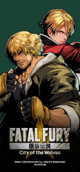 Rule 34 | 2boys, absurdres, blonde hair, blue eyes, capcom, crossover, facial hair, fatal fury, fatal fury: city of the wolves, fingerless gloves, gloves, highres, jacket, ken masters, looking at viewer, male focus, multiple boys, muscular, muscular male, official art, red eyes, red jacket, rock howard, senno aki, shirt, short hair, smile, snk, street fighter, street fighter 6, thick eyebrows