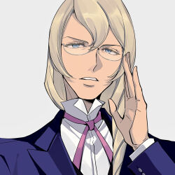1boy ace_attorney adjusting_eyewear apollo_justice:_ace_attorney blonde_hair blue_eyes blue_suit buttons collared_shirt dress_shirt drill_hair facing_viewer formal_clothes grey_background hair_between_eyes highres kristoph_gavin lapels long_hair looking_at_viewer pink_ribbon portrait ribbon ringo_orihara shirt side_drill simple_background solo suit