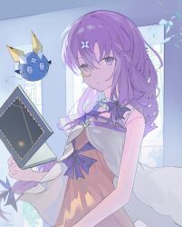 Rule 34 | 1girl, absurdres, arcaea, bare shoulders, book, bow, braid, charon (arcaea), collar, dress, expressionless, floating, floating book, floating object, hair between eyes, hair ornament, highres, jacket, lagrange (arcaea), long hair, monocle, otarc, purple bow, purple eyes, purple hair, sidelocks, single braid, solo, twintails, white jacket, yellow dress