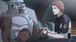 Rule 34 | commander shepard, commander shepard (female), garrus vakarian, holding hands, mass effect (series), on bed, scar, scar on face, sleeping, talons, tumblr, turian, wei