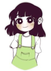 Rule 34 | 1girl, arms behind back, black eyes, black hair, blunt bangs, blunt ends, blush, bob cut, bright pupils, buttons, closed mouth, colored skin, commentary, cropped torso, dot nose, english commentary, eyebrows hidden by hair, green overalls, joy (omori), lia rouji, looking at viewer, medium hair, omori, overalls, shirt, short sleeves, simple background, smile, solo, t-shirt, white background, white pupils, white skin