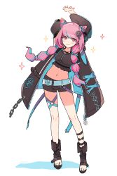 1girl arms_up belt blush boots brown_boots brown_jacket brown_shirt brown_shorts cone_hair_bun crop_top double_bun hair_bun highres jacket kana0503 long_hair looking_at_viewer midriff multi-tied_hair navel official_alternate_costume open-toe_boots pink_eyes pink_hair semba_tsuruko shirt shorts smile solo sparkle stretching tribe_nine white_belt