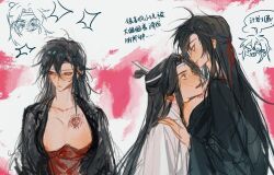 1boy 1girl age_difference aged_down ahoge black_hair black_hanfu black_robe blush breast_smother breasts chest_tattoo chibi chibi_inset chinese_clothes chinese_text dudou eyelashes face_to_breasts genderswap genderswap_(mtf) hair_down hair_ribbon half_updo hand_on_another&#039;s_shoulder hanfu headband hetero heyoubuyou highres lan_wangji large_breasts long_hair looking_at_another modao_zushi nipples official_alternate_hairstyle onee-shota open_clothes open_mouth open_robe profile red_eyes red_ribbon ribbon robe sketch smile speech_bubble sweat tattoo topknot wei_wuxian wei_wuxian_(yiling_laozu) white_hanfu white_headband xiao_guan_(headdress) yellow_eyes