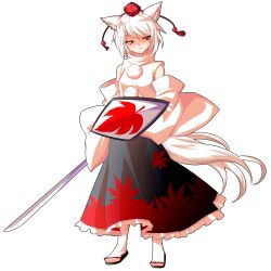 1girl alphes_(style) animal_ears blush closed_mouth commentary_request dairi detached_sleeves full_body hat holding holding_shield holding_sword holding_weapon inubashiri_momiji large_variant_set leaf_print light_smile long_skirt looking_at_viewer maple_leaf_print parody pom_pom_(clothes) red_eyes sandals shield short_hair skirt socks solo standing straight-on style_parody sword tachi-e tail tokin_hat touhou transparent_background turtleneck variant_set weapon white_hair white_socks white_tail wolf_ears wolf_girl wolf_tail