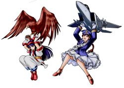 2girls ainu_clothes aircraft airplane arms_up braid braided_ponytail breasts brown_hair character_request crossover feet fingerless_gloves flying gloves hair_ribbon high_heels highres large_breasts legs long_hair looking_at_viewer mamahaha multiple_girls nakoruru open_mouth pants purple_eyes purple_hair ribbon samurai_spirits skirt smile snk teeth the_king_of_fighters thighs tongue west-maison
