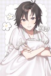 1girl antenna_hair black_hair blush commentary_request crossed_arms dress flower_symbol happy_birthday highres hugging_own_legs idolmaster idolmaster_(classic) kikuchi_makoto light_smile looking_at_viewer migiue_i parted_bangs plaid_background puffy_short_sleeves puffy_sleeves purple_eyes short_hair short_sleeves sidelocks sitting smile solo white_background white_dress