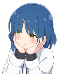 Rule 34 | 1girl, absurdres, averting eyes, black bow, black bowtie, blue hair, blush, bocchi the rock!, bow, bowtie, commentary request, earrings, hair ornament, hairclip, hands on own cheeks, hands on own face, highres, jewelry, mimori (mimori 05), mole, mole under eye, revision, school uniform, shimokitazawa high school uniform, shirt, short hair, shy, simple background, solo, string bowtie, white background, white shirt, yamada ryo, yellow eyes