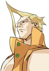 Rule 34 | 1boy, ahoge, blonde hair, capcom, game cg, highres, jacket, ken masters, long hair, male focus, muscular, muscular male, non-web source, official art, open clothes, open jacket, portrait, simple background, sleeveless, solo, street fighter, street fighter zero (series), thick eyebrows, upper body, white background