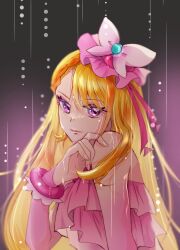 Rule 34 | 1girl, asymmetrical bangs, blonde hair, braid, braided bangs, bridal gauntlets, butterfly hat ornament, closed mouth, commentary, cure butterfly, elbow gloves, gloves, hat, hat ornament, highres, hijiri ageha, hirogaru sky! precure, light smile, long hair, looking at viewer, magical girl, manekineko5319, mob cap, multicolored hair, orange hair, pink gloves, pink hat, pink shirt, precure, purple eyes, rain, shirt, sleeveless, sleeveless shirt, solo, tilted headwear, two-tone hair, upper body, very long hair, wet